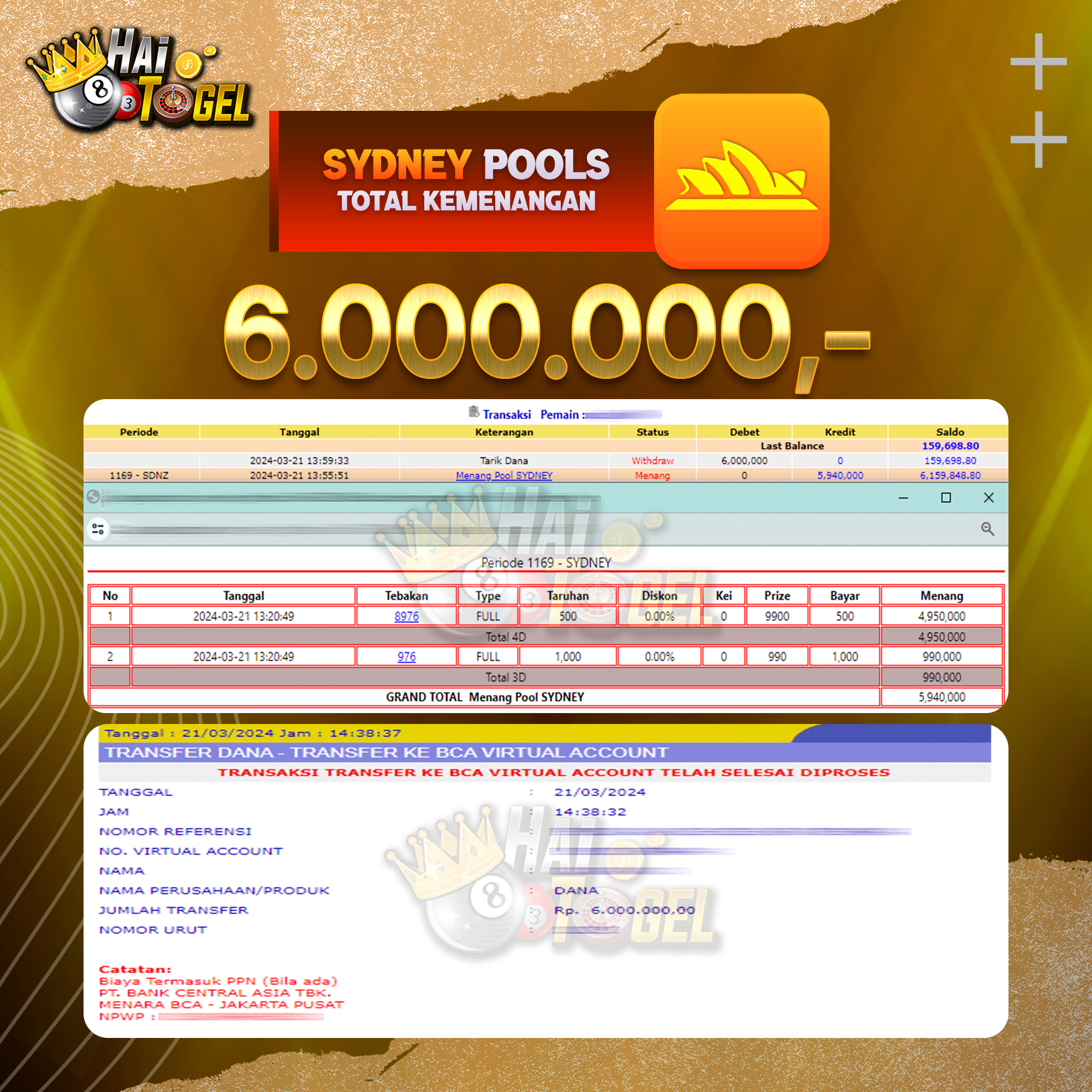 Read more about the article BUKTI PEMBAYARAN HAITOGEL TOGEL SYDNEY RP. 6.000.000