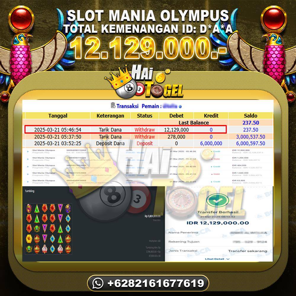 Read more about the article BUKTI JACKPOT HAITOGEL SLOT : SLOT MANIA OLYMPUS RP. 12.129.000