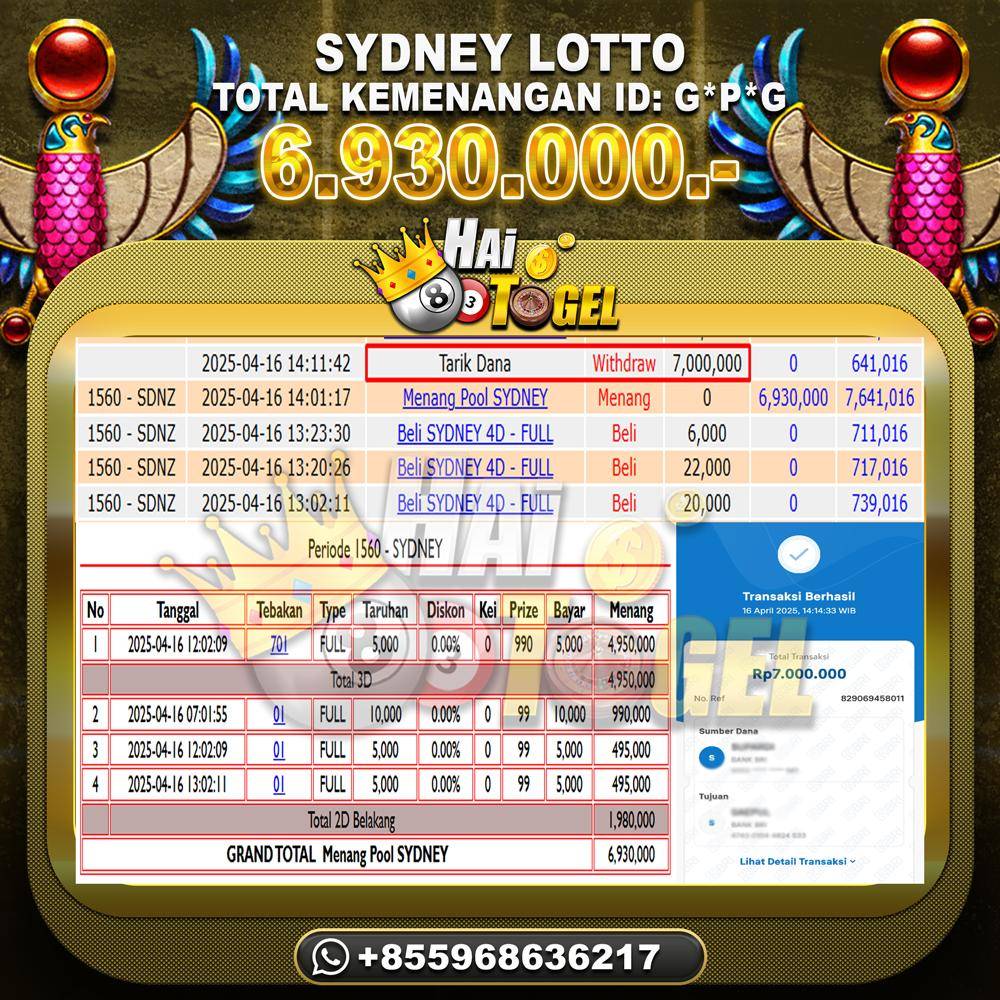 Read more about the article BUKTI JACKPOT GACOR HAITOGEL : SYDNEY LOTTO RP. 6.930.000