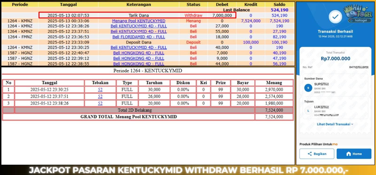 Read more about the article BUKTI JACKPOT TOGEL HAITOGEL KENTUCKYMID : RP. 7.524.000