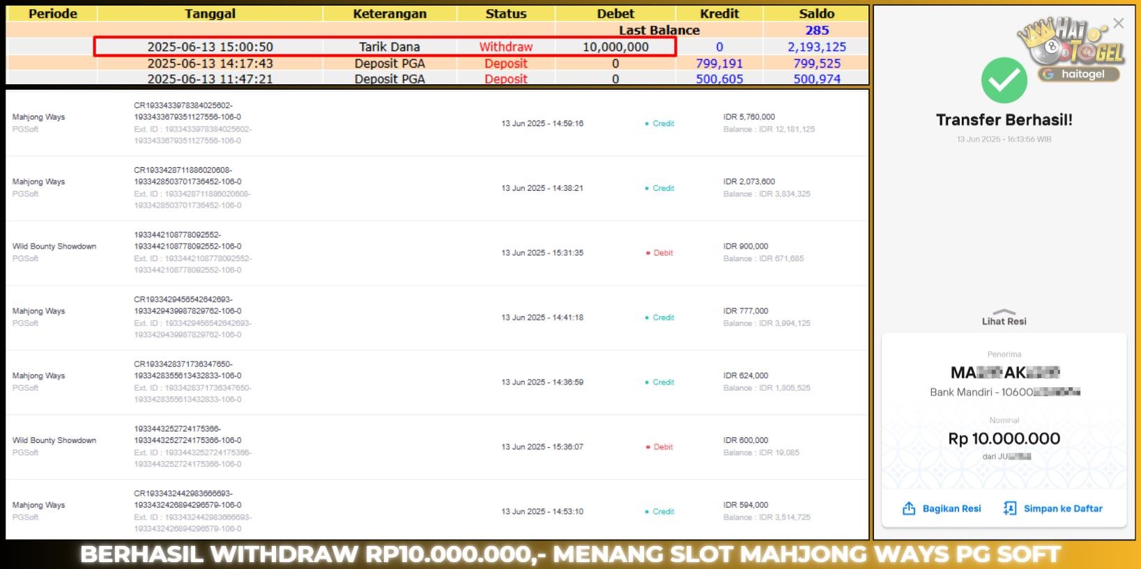 Read more about the article PEMBAYARAN SLOT HAITOGEL GACOR MAHJONG WAYS RP. 10.000.000