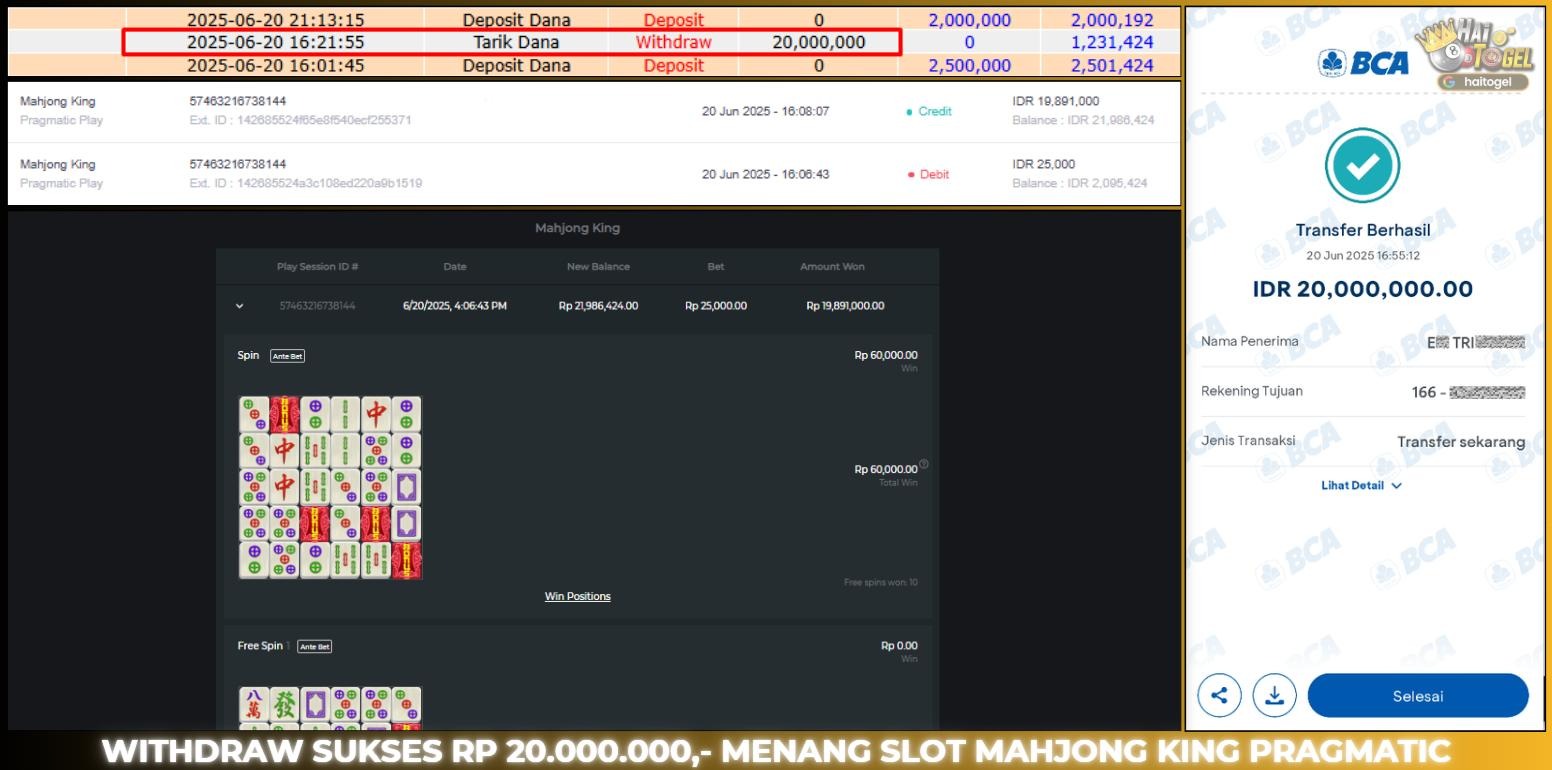 Read more about the article PEMBAYARAN SLOT HAITOGEL MAHJONG KING RP. 20.000.000
