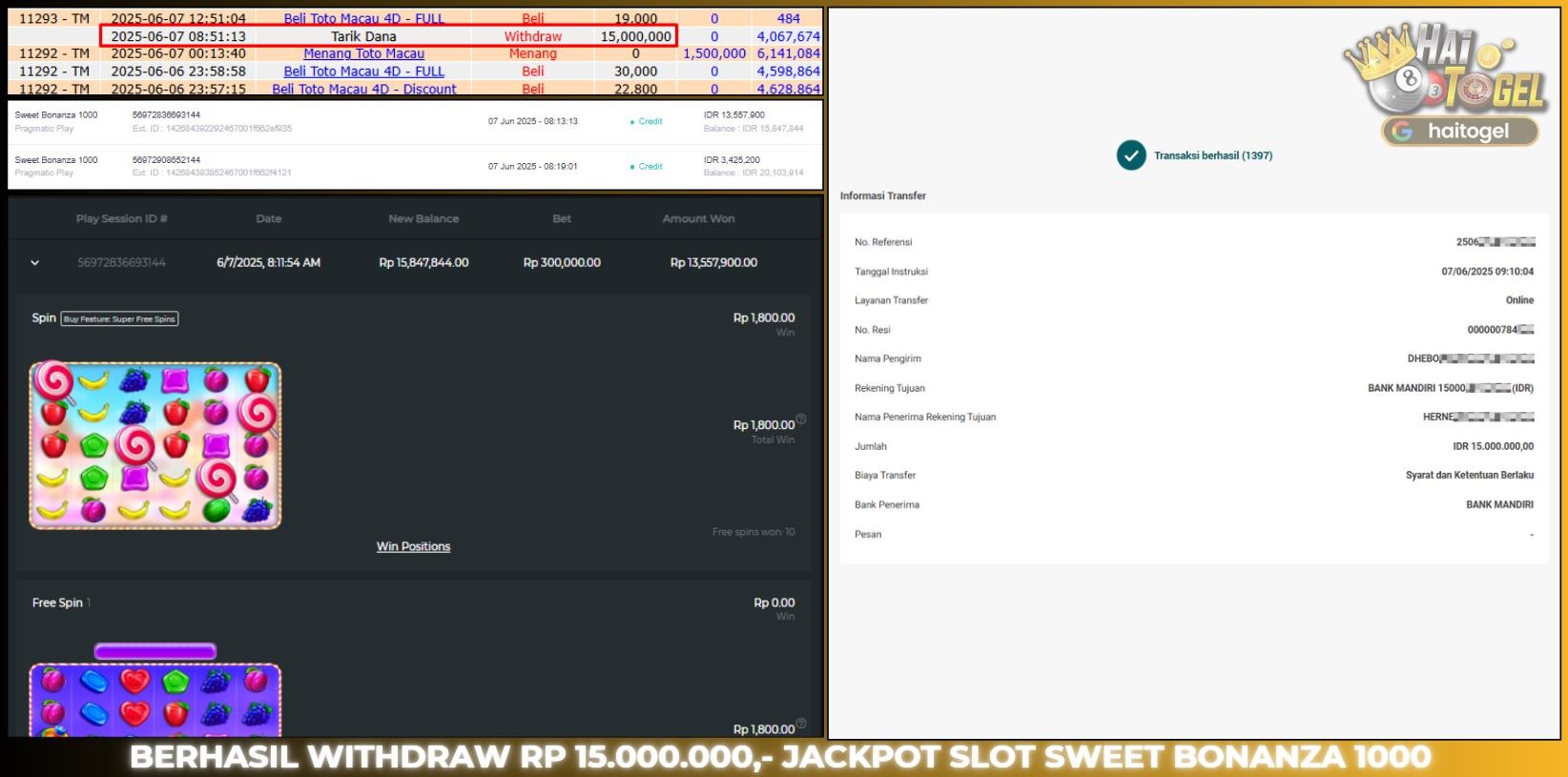 Read more about the article SLOT HAITOGEL JP KEMENANGAN  : SWEET BONANZA 1000 RP. 15.000.000