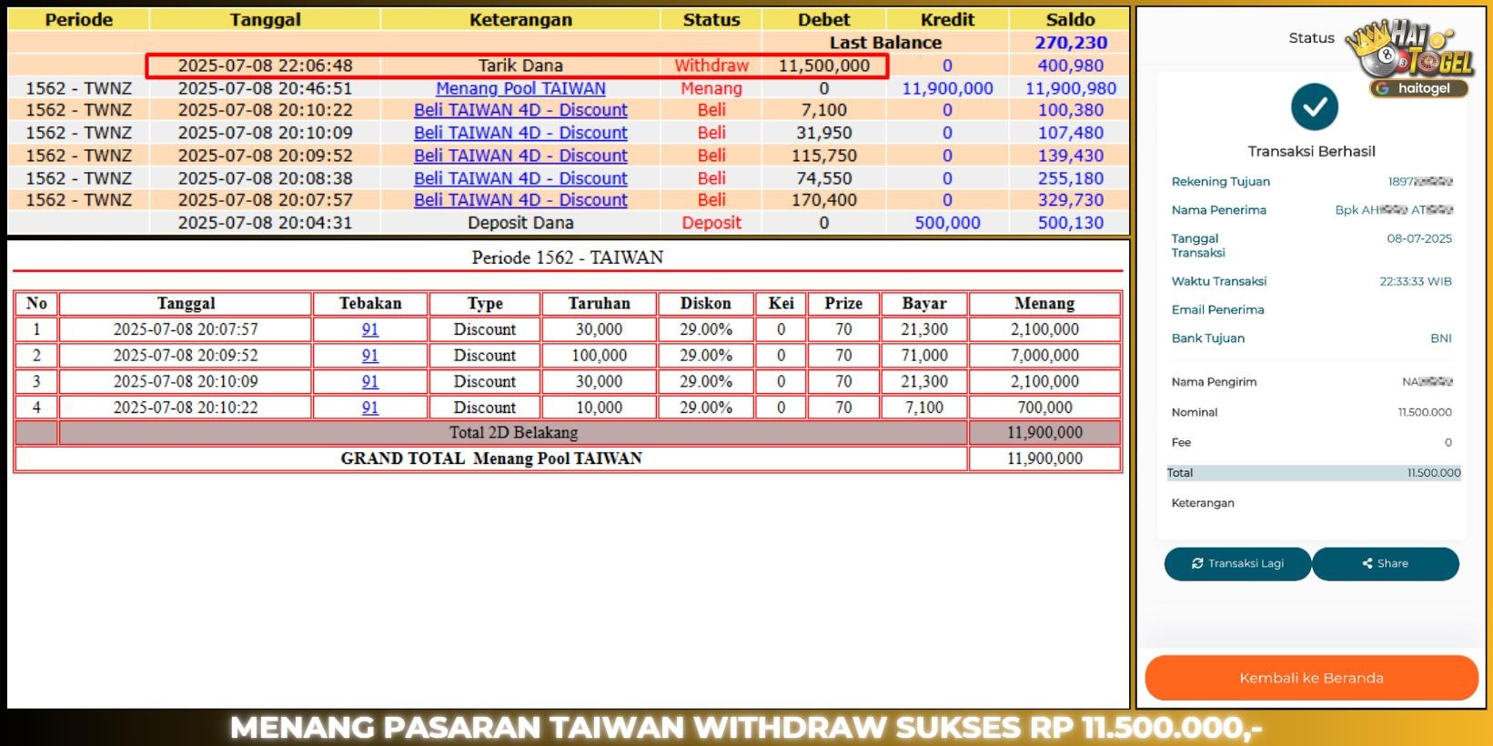 You are currently viewing GACOR BUKTI HAITOGEL JACKPOT : TAIWAN SEBESAR RP. 11.500.000