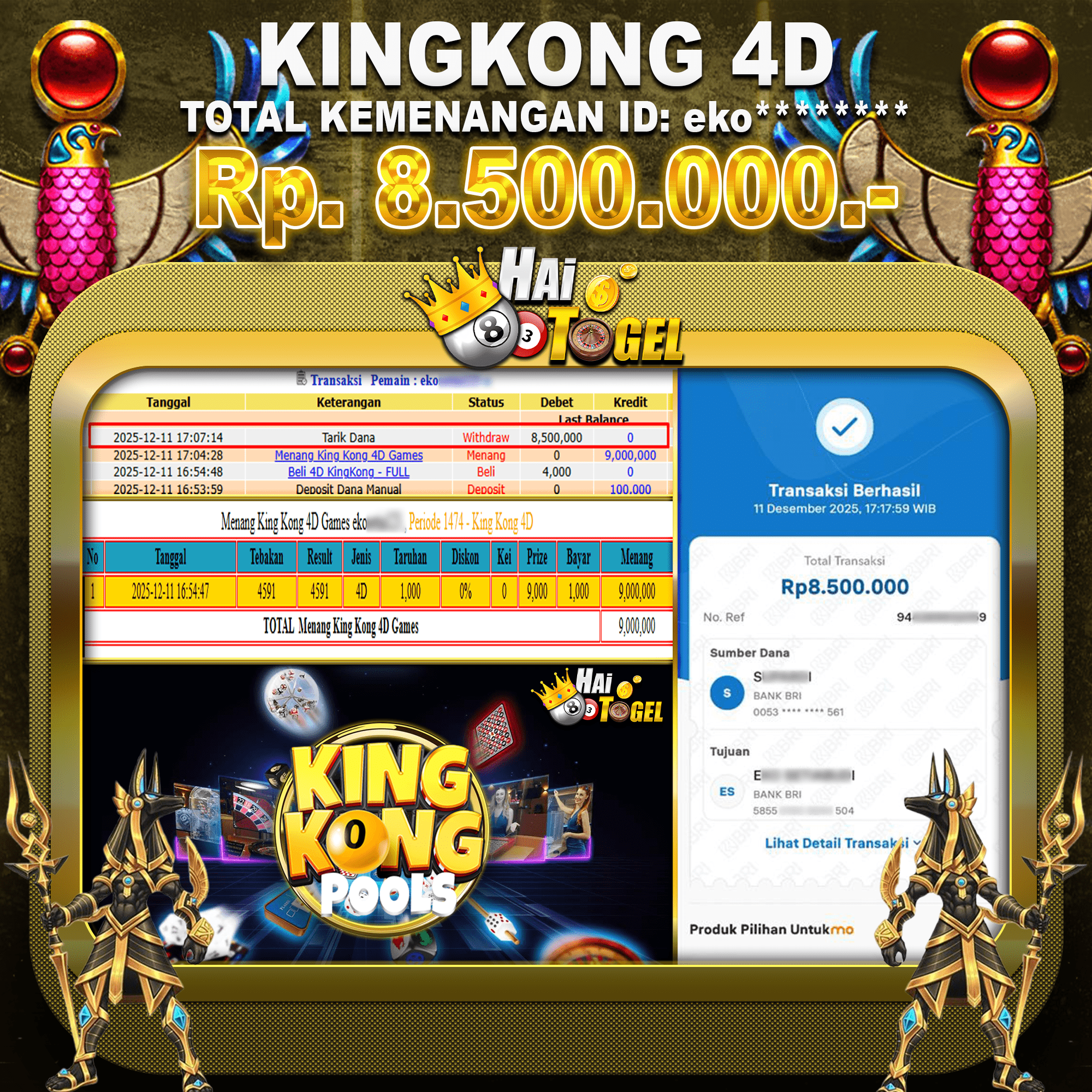 Read more about the article BUKTI JACKPOT TOGEL KINGKONG 4D Rp8.500.000 JUTA DIBAYAR LUNAS HAITOGEL