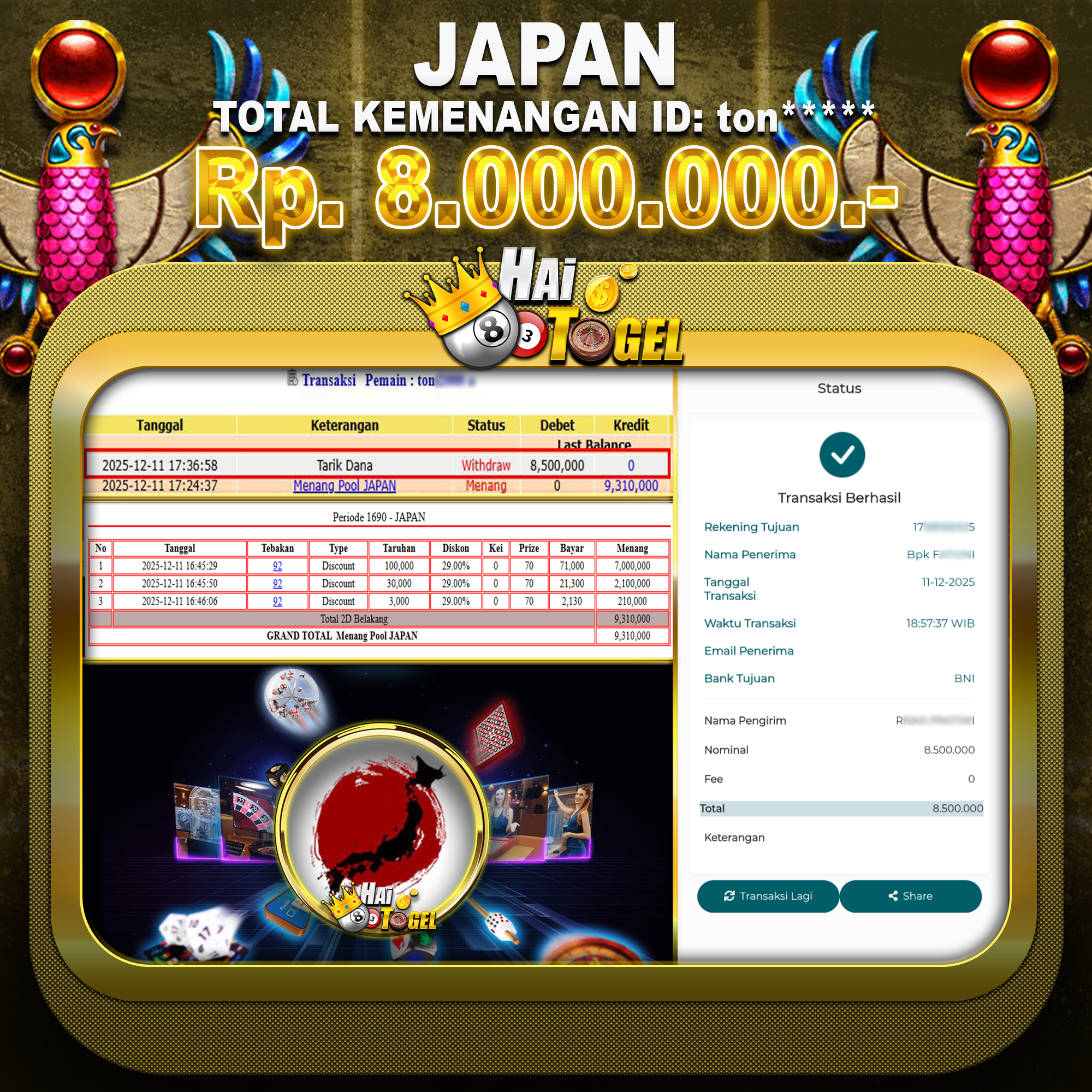 Read more about the article BUKTI MENANG TOGEL JAPAN Rp8.000.000 JUTA DI HAITOGEL WD LANGSUNG LUNAS