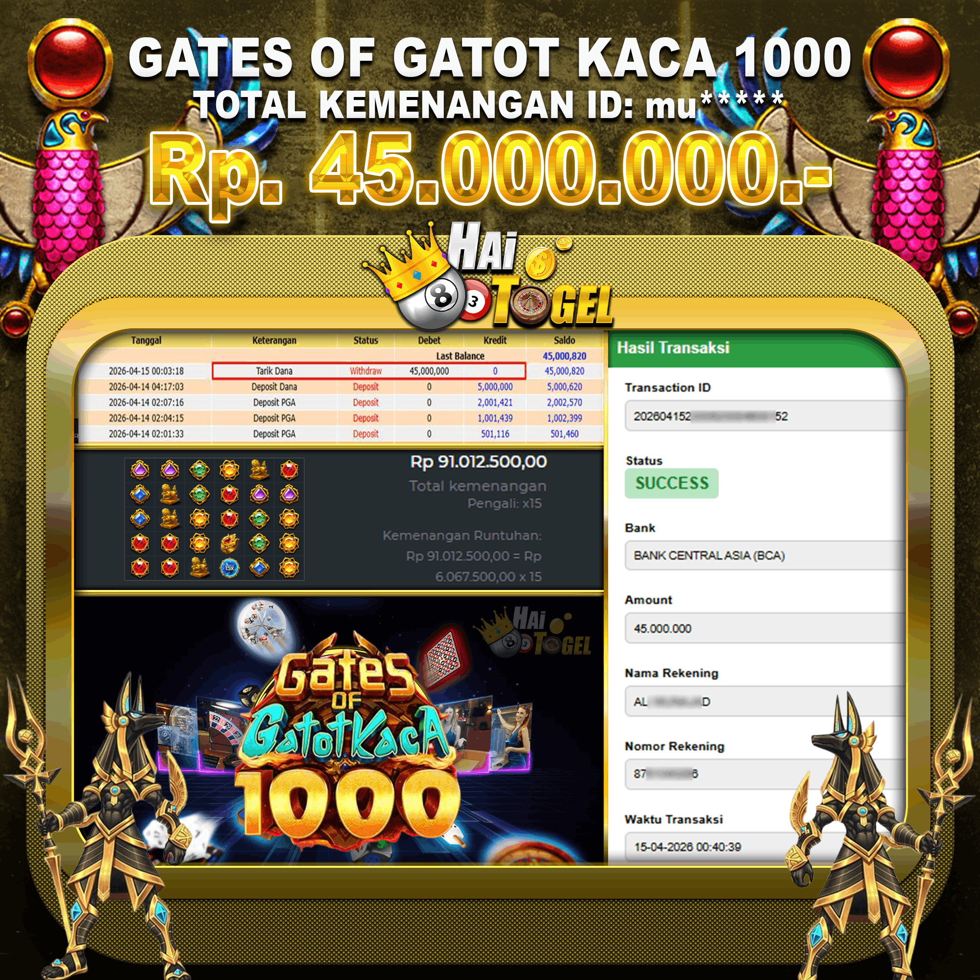 You are currently viewing HASIL KEMENANGAN SLOT HAITOGEL GATES GATOT KACA RP. 45.000.000