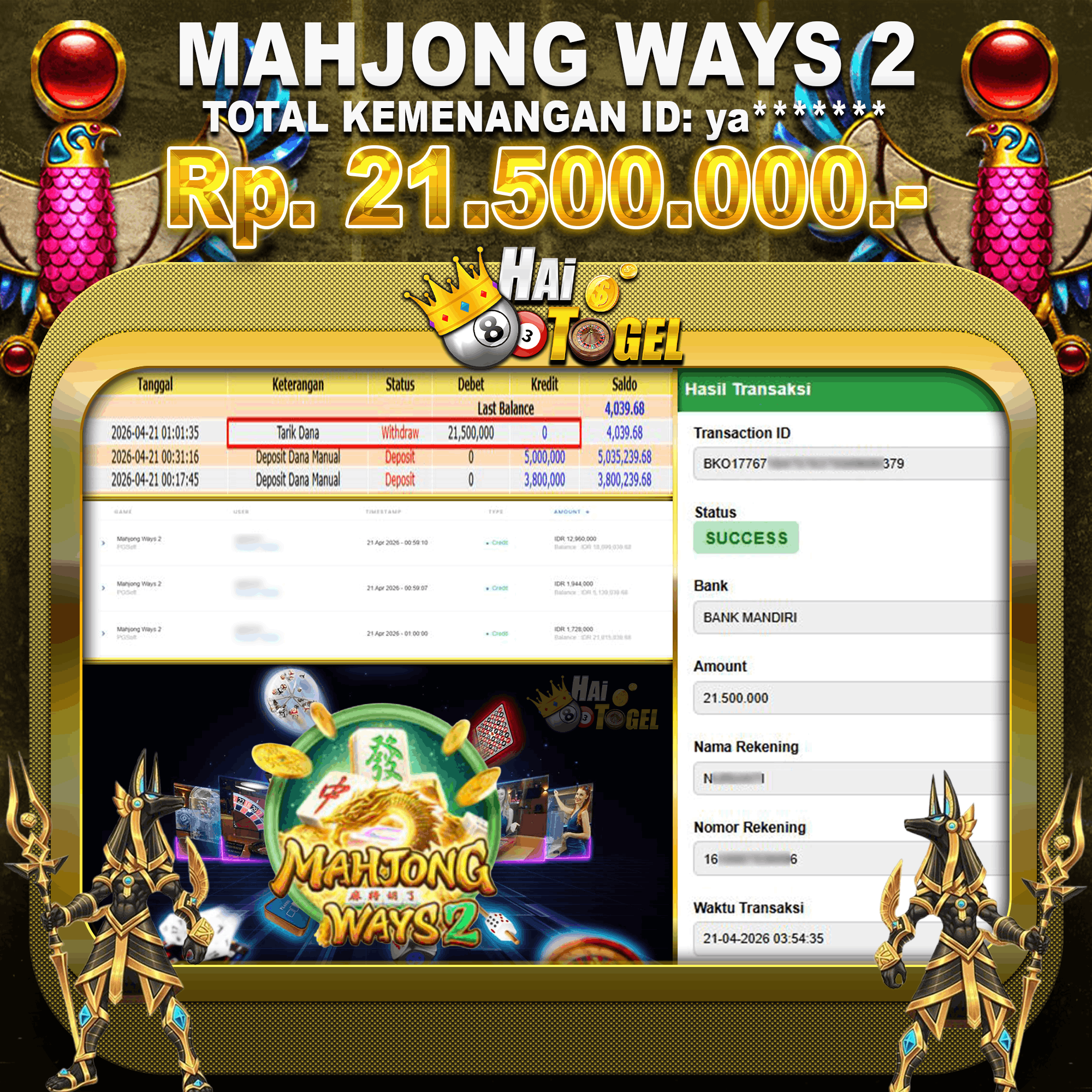 You are currently viewing HASIL SLOT HAITOGEL GACOR MAHJONG WAYS 2 RP. 21.500.000